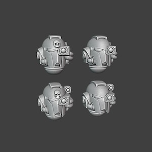 Puede incluir: Cuatro miniaturas de cascos grises de estilo futurista. Dos cascos tienen un emblema de calavera, mientras que todos presentan un dispositivo similar a una cámara en el lateral. Los cascos están sobre un fondo gris oscuro.