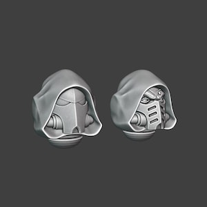 May include: Two grey, hooded, futuristic helmet designs. Each helmet features a detailed mask with a respirator and a rounded base. The hoods drape over the helmets, creating a sense of mystery and sci-fi aesthetic.