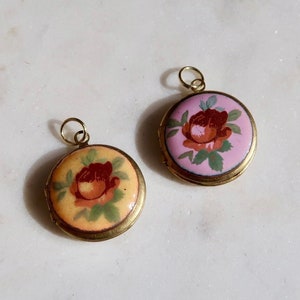 Vintage Brass Locket with Floral Enamel Detail - Vintage Enamel Locket Charm - Vintage Locket Charm