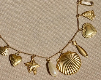 Vintage Charm Necklace - Dainty Necklace with Vintage Brass and Gold Plated Charms - Mermaid and Ocean Themed Charm Necklace