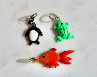 Vintage Hand Painted Animal Charms - Vintage Penguin Charm - Vintage Goldfish Charm - Vintage Frog Charm