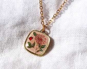 Vintage Gold Enamel Floral Square Charm Pendant Necklace - Vintage Flower Necklace - Vintage Floral Enamel Necklace