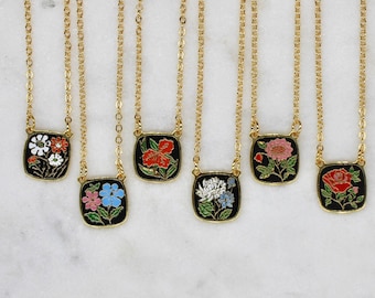 Vintage Gold and Enamel Cloisonné Floral Square Charm Pendant Necklace - Vintage Flower Necklace - Vintage Floral Enamel Necklace