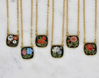 Vintage Gold and Enamel Cloisonné Floral Square Charm Pendant Necklace - Vintage Flower Necklace - Vintage Floral Enamel Necklace