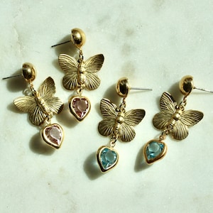 Vintage Brass Butterfly and Austrian Crystal Dangle Drop Earrings Austrian Crystal Heart and Butterfly Stud Earrings image 1