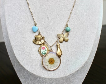 Vintage Charm Necklace - Necklace with Vintage Brass and Gold Plated Charms - Floral, Teacup, Blue, Butterfly, and Daisy Charms