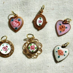 Vintage Hand Painted Enamel Charms - Enamel Heart Charms - Vintage Enamel Charms - Vintage Floral Enamel Guilloche Charm