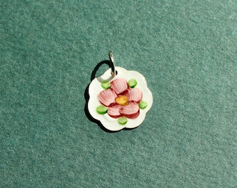 Vintage Guilloche Pink and White Flower Hand Painted Charm - Vintage Enamel Charm - Vintage Floral Enamel Guilloche Charm