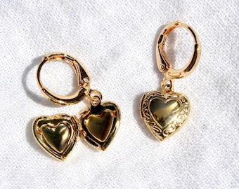 18K Gold Heart Locket Hoop Earrings, Vintage Style Locket Heart Hoops, Anti Tarnish, Personalized Gift For Best Friend, Mom, Sister, Women