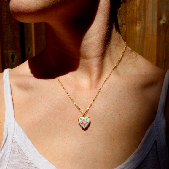 Vintage Rose Heart Charm Pendant Necklace - Vintage Flower