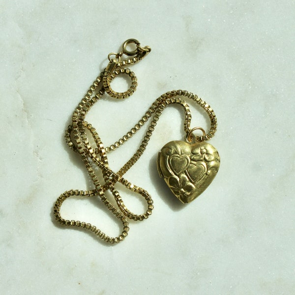 Vintage Heart Locket Pendant Necklace - Handmade Vintage Brass Heart Locket and Box Chain - Heart Locket Charm