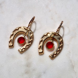 Vintage Horseshoe Charm Dangle Earrings Handmade Vintage Charm Earrings with Horseshoe and Red Austrian Crystal image 1