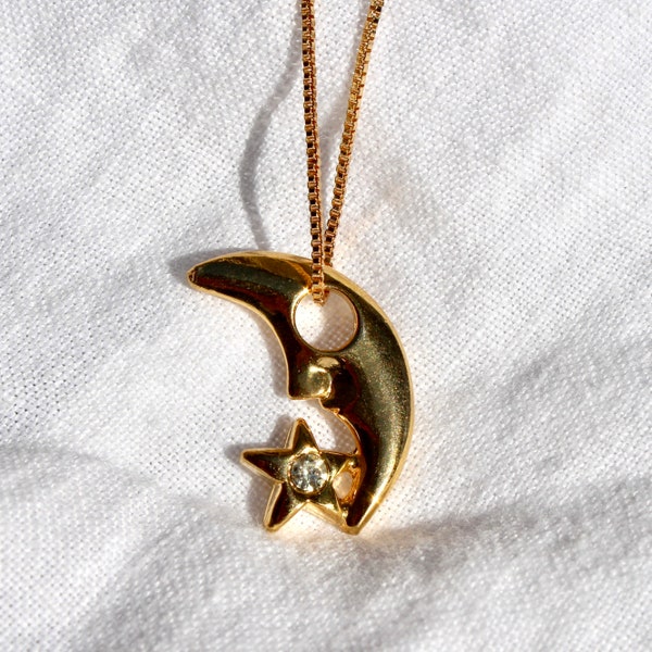 Vintage Gold Puffy Moon Charm Necklace on Box Chain