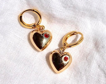 Vintage Gold and Red Austrian Crystal Puffy Heart Hoop Earrings