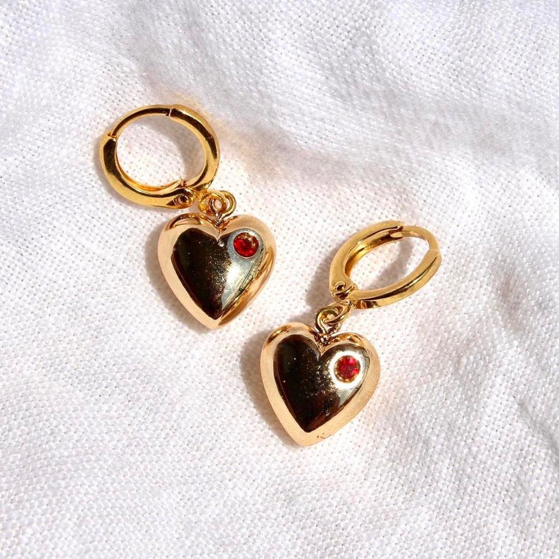 Vintage Gold and Red Austrian Crystal Puffy Heart Hoop Earrings image 1