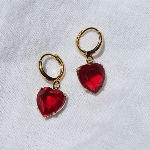 Vintage Ruby Heart Hoop Earrings