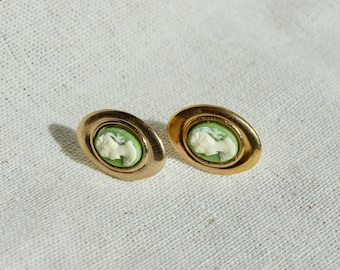 Vintage Cameo Stud Earrings - Handmade Gold Plated Vintage Green Cameo Earrings