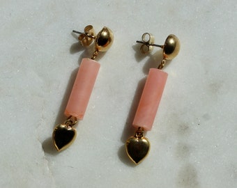 Vintage Pink Heart Drop Earrings - Reworked Vintage Handmade Earrings