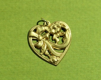 Vintage Brass Heart Charm with Bow and Flower Detailing - 1970s Brass Heart Charm