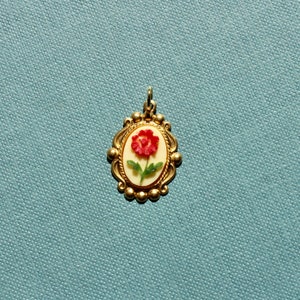 Vintage Red Floral Cameo Cabochon Charm - Vintage Brass Charm with Red Floral Cab - Hand Painted Vintage Charm