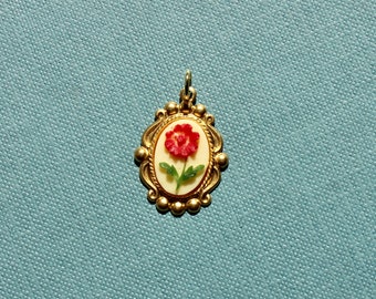 Vintage Red Floral Cameo Cabochon Charm - Vintage Brass Charm with Red Floral Cab - Hand Painted Vintage Charm