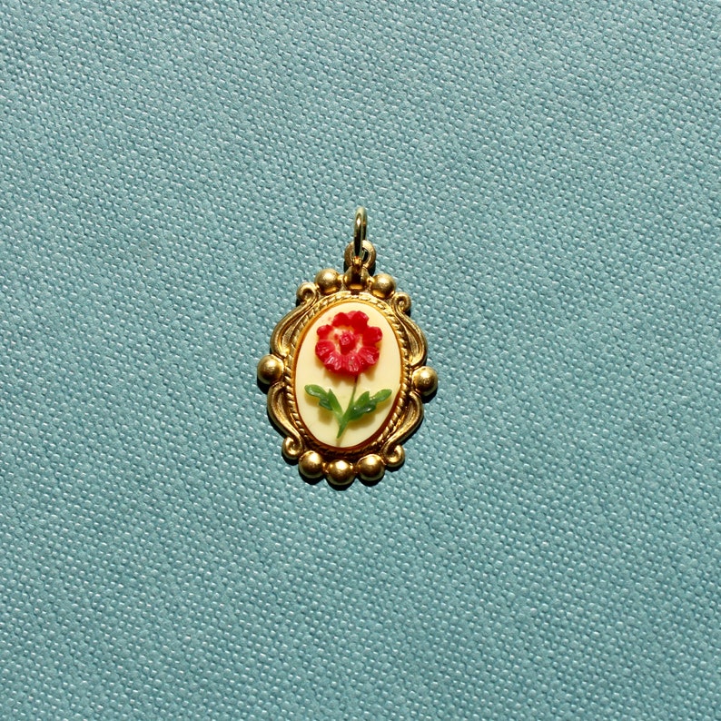 Vintage Red Floral Cameo Cabochon Charm Vintage Brass Charm with Red Floral Cab Hand Painted Vintage Charm image 1