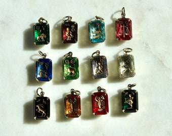 Vintage Zodiac Charm - Mystical Astrology Intaglio Glass Pendant - Vintage Jewelry - Tiny Art Nouveau Boho Birthstone Charm