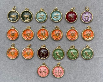 Vintage Intaglio Zodiac Charms - Vintage Astrology Colorful Cabochon Charms