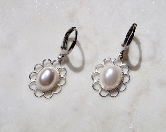 Silver and Pearl Flower Dangle Charm Earrings - Silver Earrings with Pearl Accent