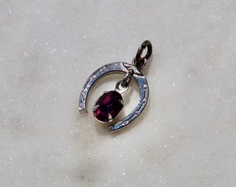 Vintage Sterling Silver Horseshoe Charm with Purple Gem - Wells Sterling Silver Horseshoe Charm