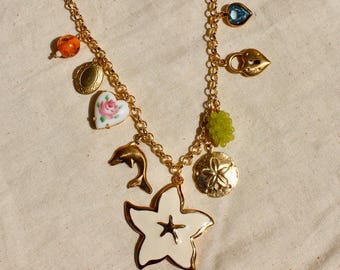 Vintage Summer Themed Charm Necklace - Statement Necklace with Vintage Starfish, Heart, Crystal, and Hand Painted Charms