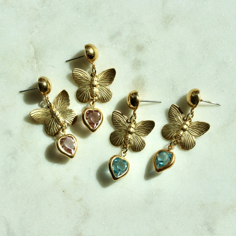 Vintage Brass Butterfly and Austrian Crystal Dangle Drop Earrings Austrian Crystal Heart and Butterfly Stud Earrings image 1