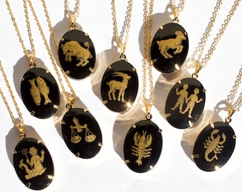 Vintage Zodiac Black Oval Pendant Necklace