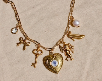 Vintage Dainty Locket Charm Necklace - Necklace with Vintage Brass and Gold Plated Charms - Dainty Charm Necklace