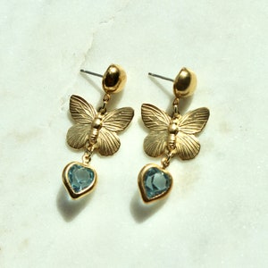 Vintage Brass Butterfly and Austrian Crystal Dangle Drop Earrings Austrian Crystal Heart and Butterfly Stud Earrings image 4