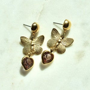 Vintage Brass Butterfly and Austrian Crystal Dangle Drop Earrings Austrian Crystal Heart and Butterfly Stud Earrings image 3