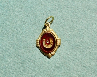 Vintage Carved Glass Charm with Horseshoe - 1970s German Carved Glass Charm - Vintage Brass Charm with Jumpring