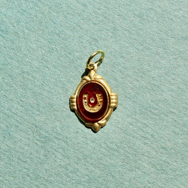 Vintage Carved Glass Charm with Horseshoe 1970s German Carved Glass Charm Vintage Brass Charm with Jumpring image 1