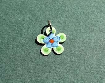 Vintage Guilloche Green and Blue Flower Hand Painted Charm - Vintage Enamel Charm - Vintage Floral Enamel Guilloche Charm