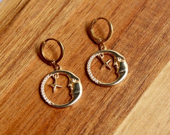 Boucles d’oreilles Gold Moon et Star Hoop - Dangly Moon Earrings - Mini Hoop Earrings avec Moon Charms