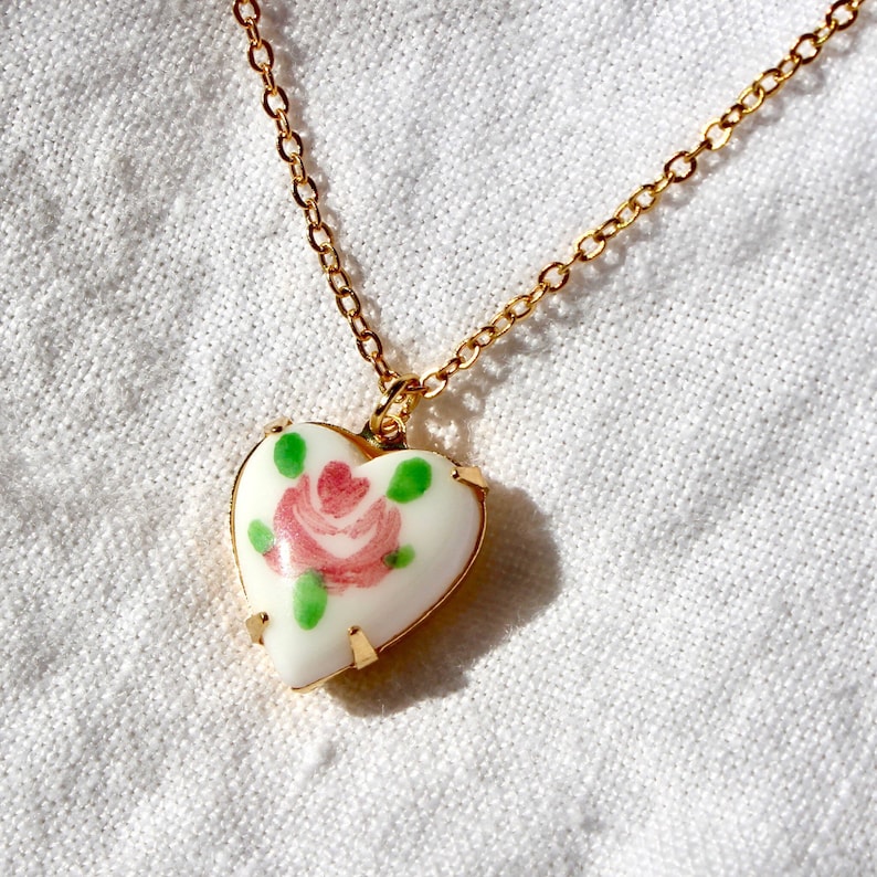 Vintage Rose Heart Charm Pendant Necklace Vintage Flower Necklace Vintage Floral Necklace image 1