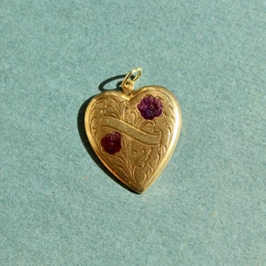 Vintage Brass Heart Charm with Purple Enamel Flower - Vintage Floral Scroll Heart Charm - Vintage Brass Charm