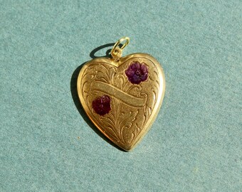 Vintage Brass Heart Charm with Purple Enamel Flower - Vintage Floral Scroll Heart Charm - Vintage Brass Charm