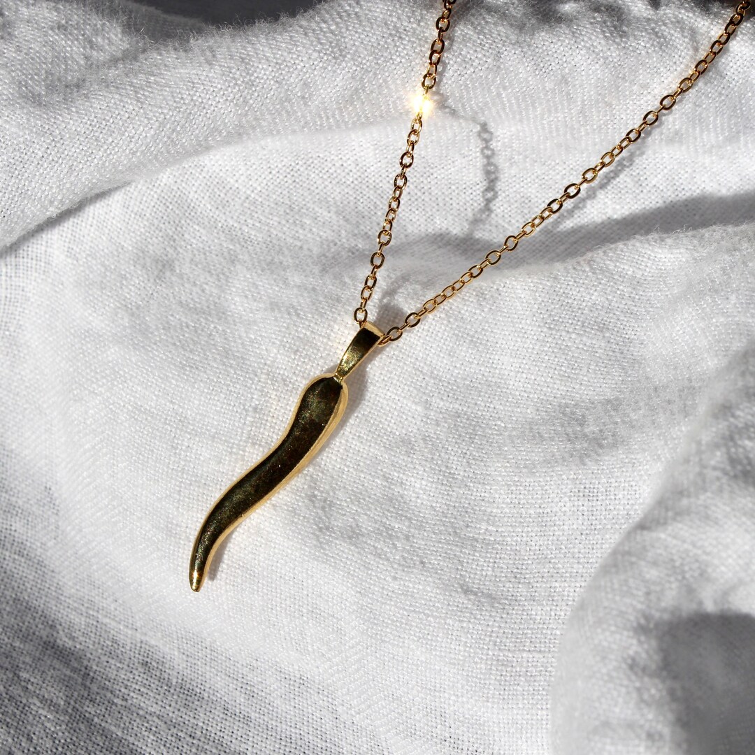 Gold Italian Horn Pendant Necklace Gold Plated Tarnish Free Gold