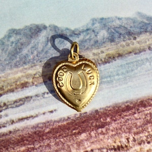 Puede incluir: Colgante dorado en forma de corazón con las palabras «GOOD LUCK» grabadas alrededor de una herradura. El colgante tiene un pequeño lazo en la parte superior para una cadena. El fondo es una imagen borrosa de una cordillera.