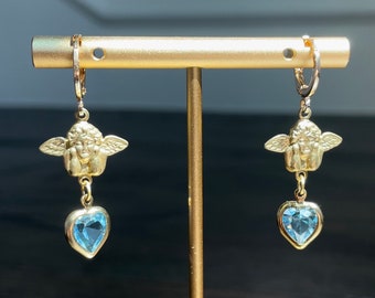 Vintage Angel and Blue Austrian Crystal Heart Charm Drop Earrings - Handmade Vintage Charm Earrings