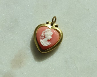 Vintage Small Pink Cameo Heart Locket - Mini Vintage Brass Heart Locket Charm - Brass Locket