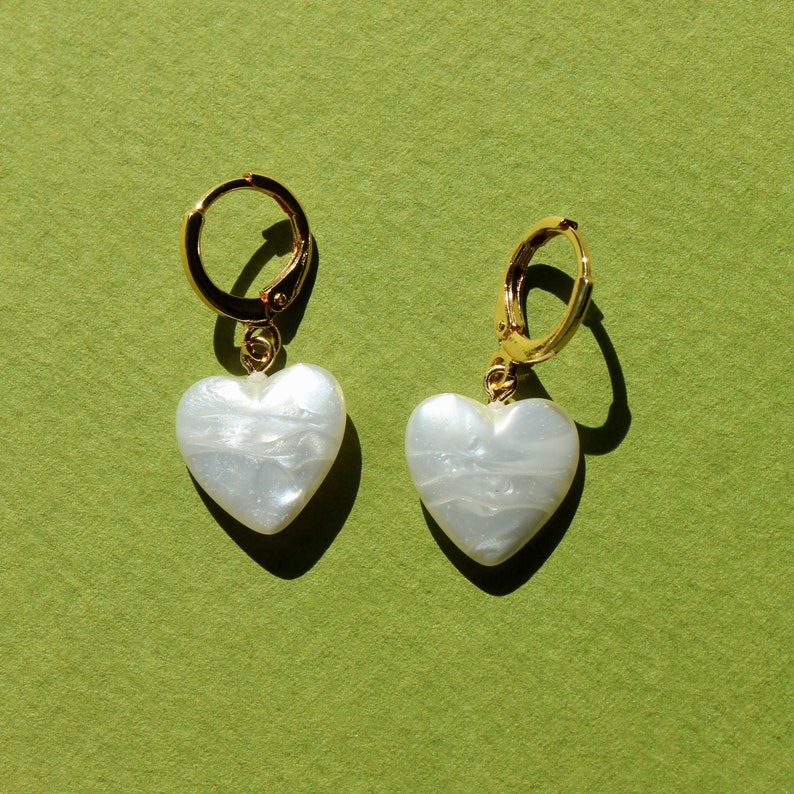 Vintage Pearlized Heart Drop Gold Hoops Heart Drop Charm Earrings with Pearlescent Heart image 1