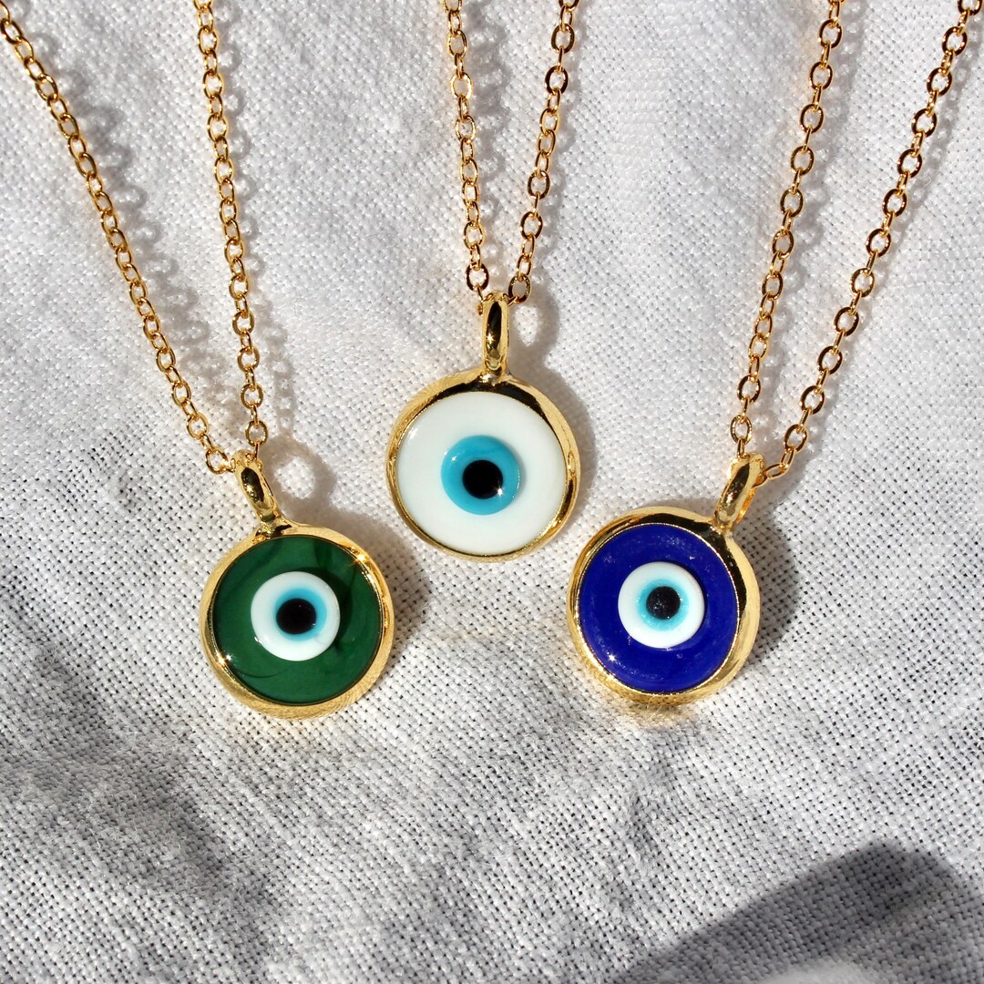 Gold Evil Eye Glass Pendant Necklace Blue, Green, or White Evil Eye