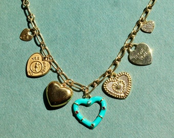 Heart Charm Necklace - Gold Charm Necklace with Heart Charms - Love Themed Charm Necklace